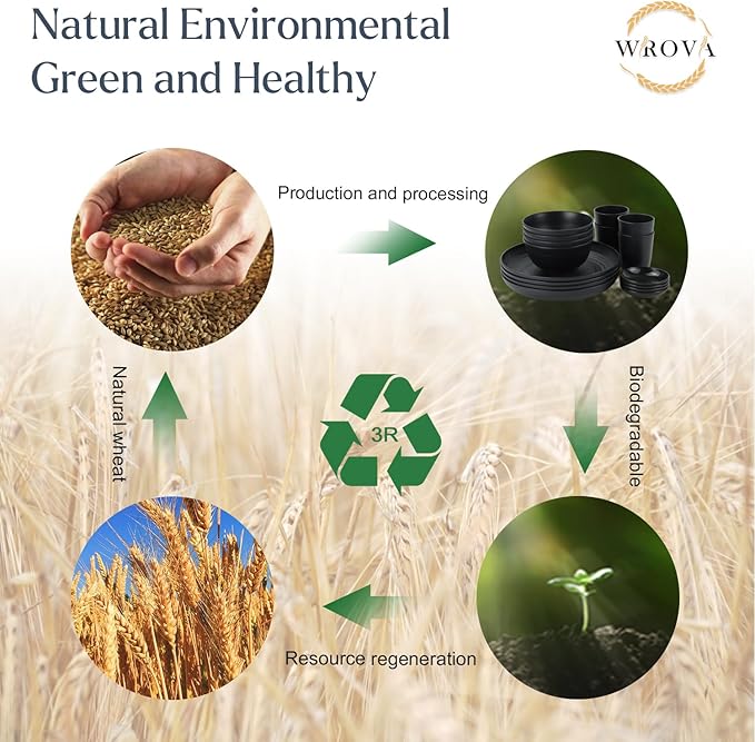 Wrova Wheat straw dinnerware sets of 16-10 inches plates,26oz bowls,2oz dipping bowls,12ozcups - Unbreakable plates and bowls sets microwave safe and dishwasher safe,service for 4. Black