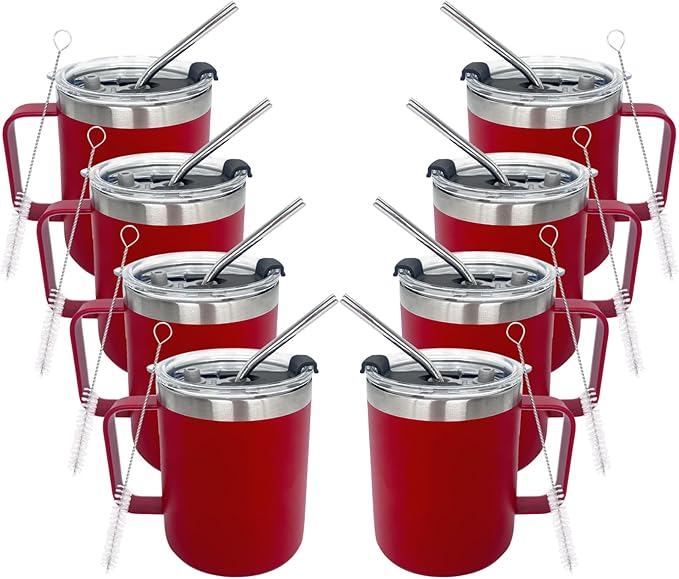 8pack 12oz Coffee Mug With Handle Bulk, Stainless Steel Insulated Travel Tumblers With,Double Wall Vacuum Camping Cup for Hot & Cold Drinks Tea (red)