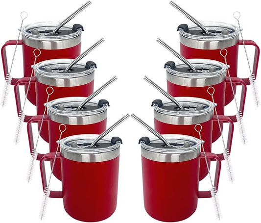 8pack 12oz Coffee Mug With Handle Bulk, Stainless Steel Insulated Travel Tumblers With,Double Wall Vacuum Camping Cup for Hot & Cold Drinks Tea (red)