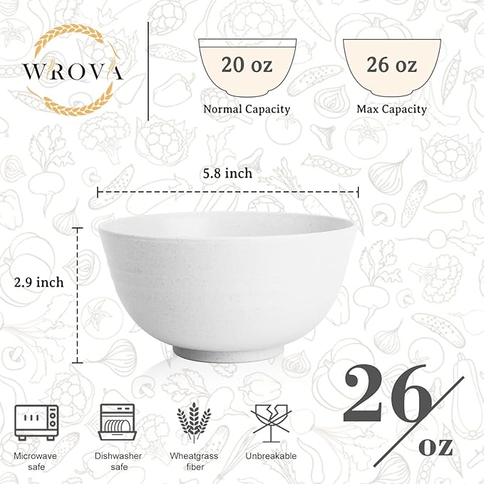 Wrova Wheat Straw Camping Bowls Sets of 6,Unbreakable 26oz Lightweight Bowls Sets for Outdoors Activity,Breakfast Bowls for Cereal and Salad.White Series