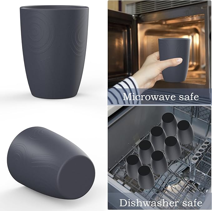 Wheat Straw Cups 8 PCS Good Alternative to Plastic Reusable Cups 12 oz Unbreakable Drinking Cup Reusable Dishwasher Safe Water Plastic Glasses Deep Grey