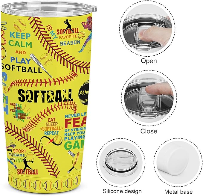 Softball Tumbler Cup With Lid - Lover Birthday Gifts, Stainless Steel Vacuum Coffee Mug for Women Men, 20 Oz