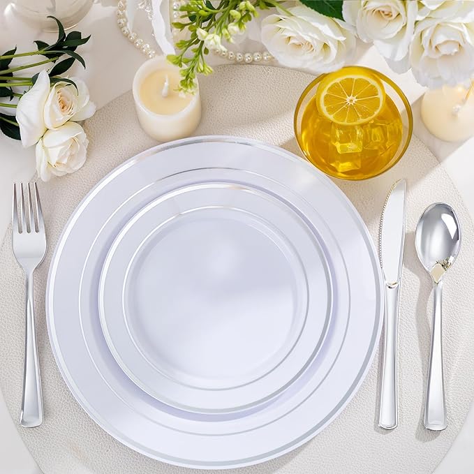 WELLIFE 600 PCS Silver Disposable Dinnerware Set for 100 Guests, Wedding Plates Silver Plastic Plates for Party, 100 Each-Dinner & Salad Plates, Cups, Forks Knives Spoons for Wedding and Anniversary