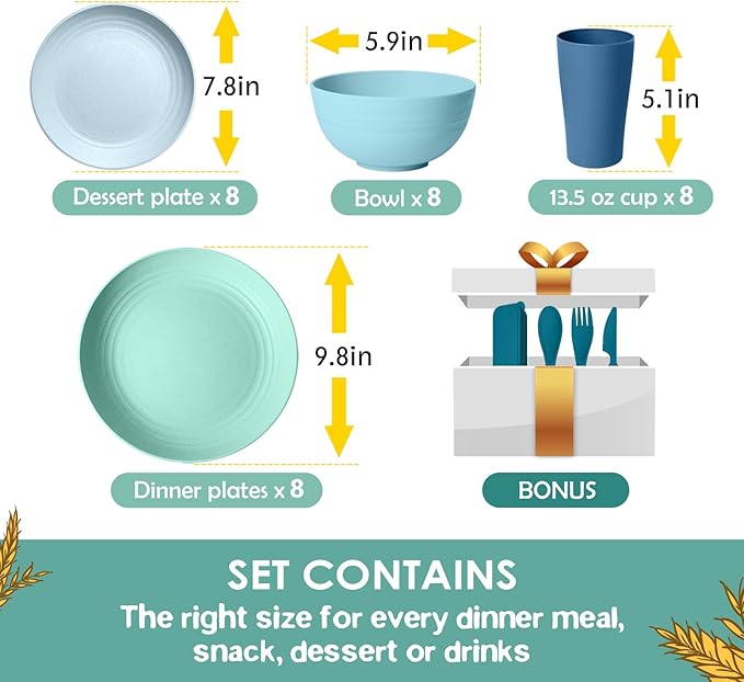 Teivio 32-Piece with Flatware Kitchen Plastic Wheat Straw Dinnerware Set, Service for 8, Dinner Plates, Dessert Plate, Cereal Bowls, Cups, Unbreakable Plastic Outdoor Camping Dishes, Ocean