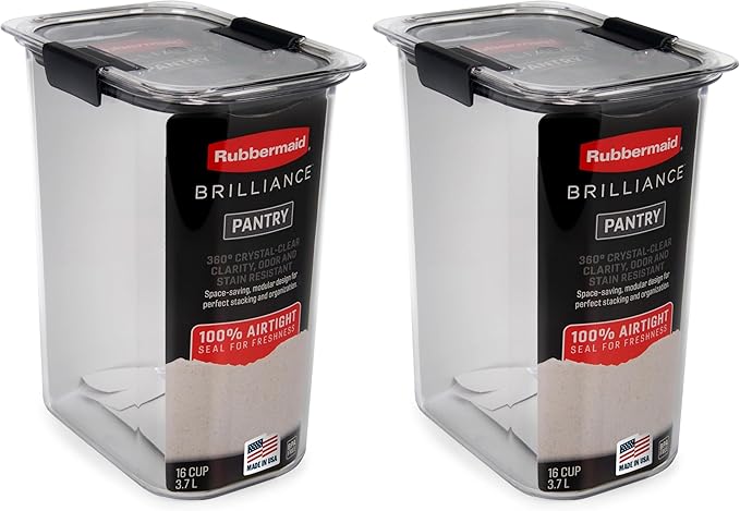 Rubbermaid Brilliance Food Storage Container, 16-Cup, Airtight | Clear/Grey | For Pantry Organization | Pack of 2