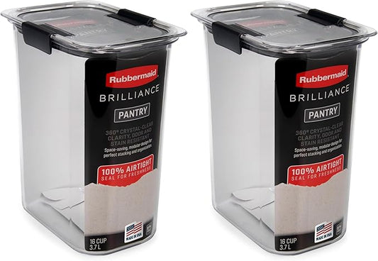 Rubbermaid Brilliance Food Storage Container, 16-Cup, Airtight | Clear/Grey | For Pantry Organization | Pack of 2