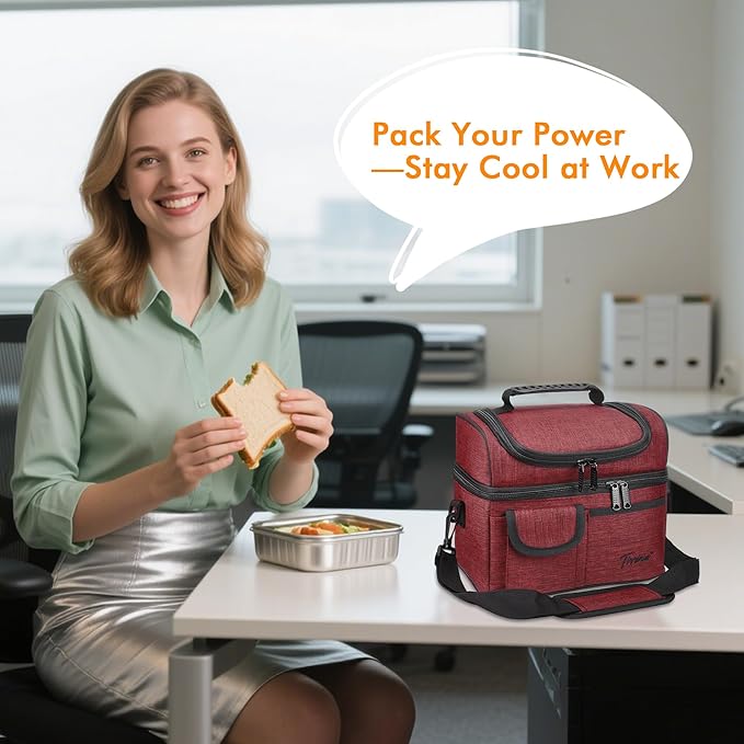 Tirrinia Reusable Lunch Box for Men Women, Insulated Lunch Bag Adult Work, Double Decker Leakproof Lunchbox for Office Picnic Beach—Dual Compartment Lunch Cooler Bag,Red
