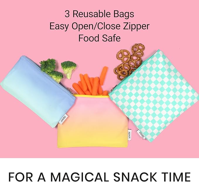 Yoobi Reusable Snack Bags – 3 Brightly Colored Food-Safe Lunch Bags in Various Sizes – Fun for Kids & Adults