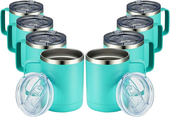 MEWAY 12oz Coffee Mug With Handle 8 Pack Bulk,Stainless Steel Insulated Travel Tumblers With Sliding Lid,Double Wall Vacuum Camping Cup for Hot & Cold Drinks Tea (Light Green,Set of 8)