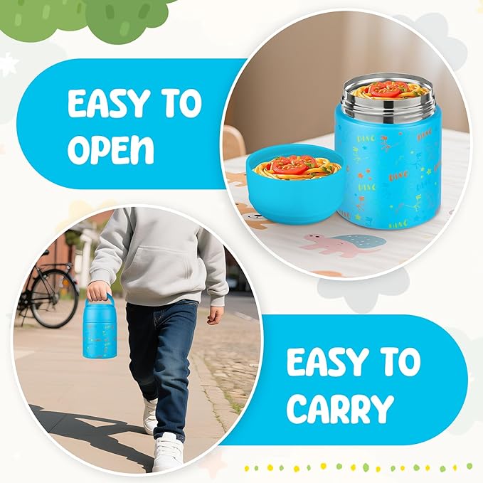 10oz Soup Thermo for Hot Food Kids Insulated Food Jar with Spoon Wide Mouth Stainless Steel Lunch Container Leak Proof Vacuum Food Box for School Travel Picnic Blue Dinosaur