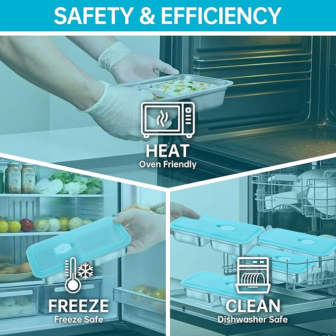 4 Pack Stainless Steel Snack Containers Reusable, Grab and Go 2 Compartment Food Storage Containers with Leakproof Lids for Travel and Outdoor Camping School Lunch Prep Dishwasher Safe 7.9" Size