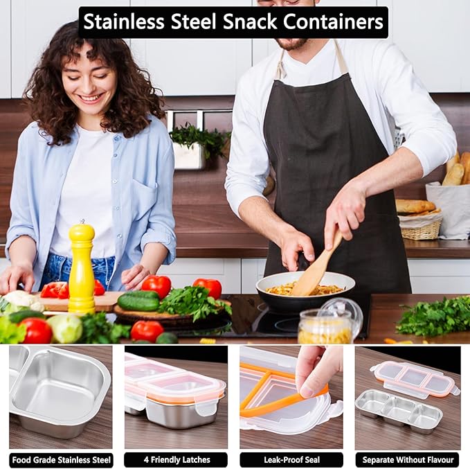 Stainless Steel Snack Box Containers, Reusable 3 Compartment Condiment Box with Lids, Food Container Sauce Cups, Divided Food Storage Containers for Home and Travel (Clear Lid)