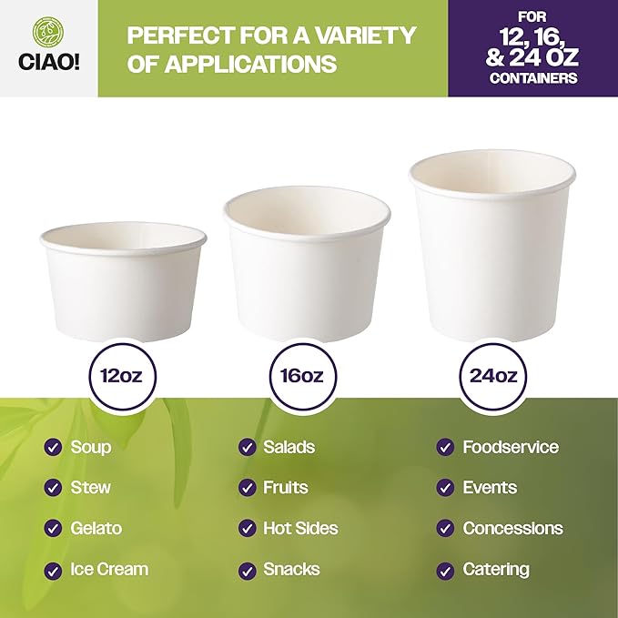 CIAO! 115mm Diameter PP Lid, Designed and Fit BRAND 12/16/24oz Paper Food Container (500/case)