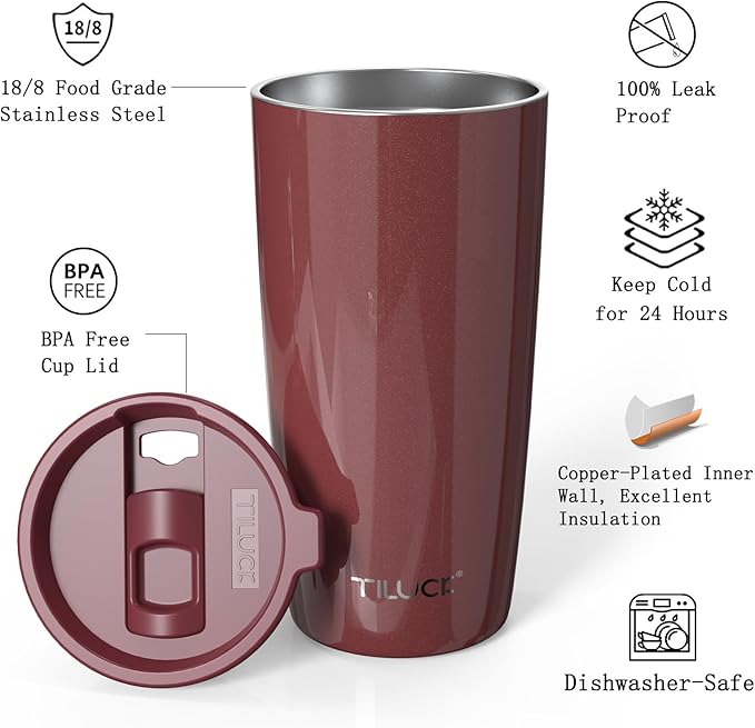 TILUCK 20 oz Tumbler with Leak-Proof Lid, Vacuum Insulated Stainless Steel Coffee Mug, Double-Walled Travel Tumbler for Hot and Cold Drinks(GlitterWine, 20oz)