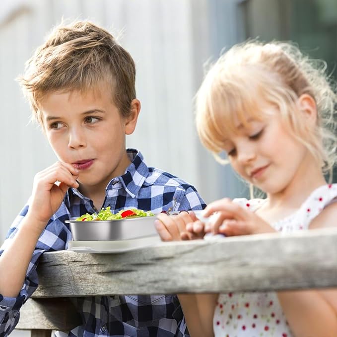 Stainless Steel Snack Containers for Kids Adults, 4 Pack 3 Compartment Metal Snack Containers Box with Lid, Reusable Food Storage Container, Leak Proof, Grab and Go