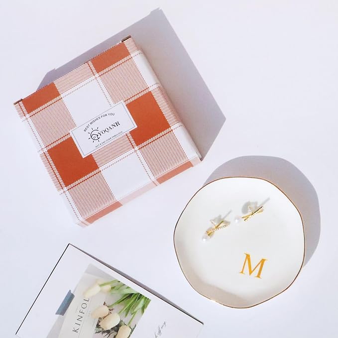 Ceramic Jewelry Tray Initial Ring Dish Personalized M-Monogrammed Engagement Wedding Gifts, for Birthday Mother's Day Christmas for Women, Ceramic White 4.75" (M)