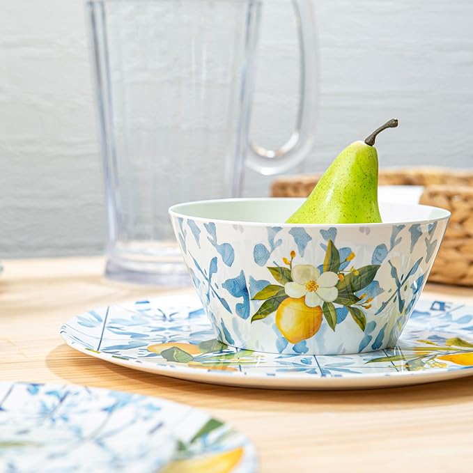 Bzyoo 12-Piece Melamine Dinnerware Set - Lemon Tiles | Lightweight, Durable, BPA-Free | Dishwasher Safe Dish Set for Indoor & Outdoor Use - Perfect for Camping, BBQs