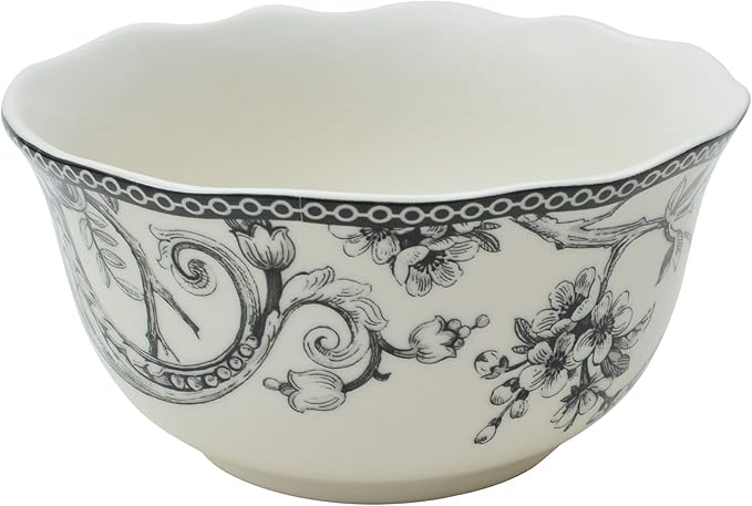 222 Fifth Adelaide 16-Piece Black Porcelain Dinnerware Set – Service for 4, Featuring Hand-Applied Romantic Woodland Bird Design, for Everyday Dining & Entertainment, Microwave & Dishwasher Safe