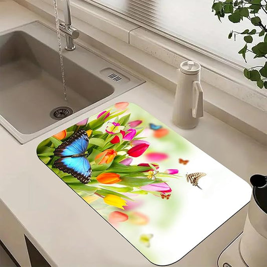 Tulips Butterflies Dish Drying Mats for Kitchen Counter Absorbent Fast Dry Dish Drainer Rack Mats for Dishes Utensils Pot and Pan, Kitchen Accessories 20"x12"