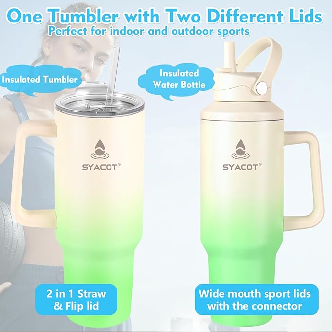 40 oz Tumbler with Handle and Straw or Convert to 40 oz Insulated Water Bottle Fits in Cup Holder. Stainless Steel Metal Water Flask with 2 Lids for Travel,Camping,Gym Sports Coffee Mug Thermal Cup