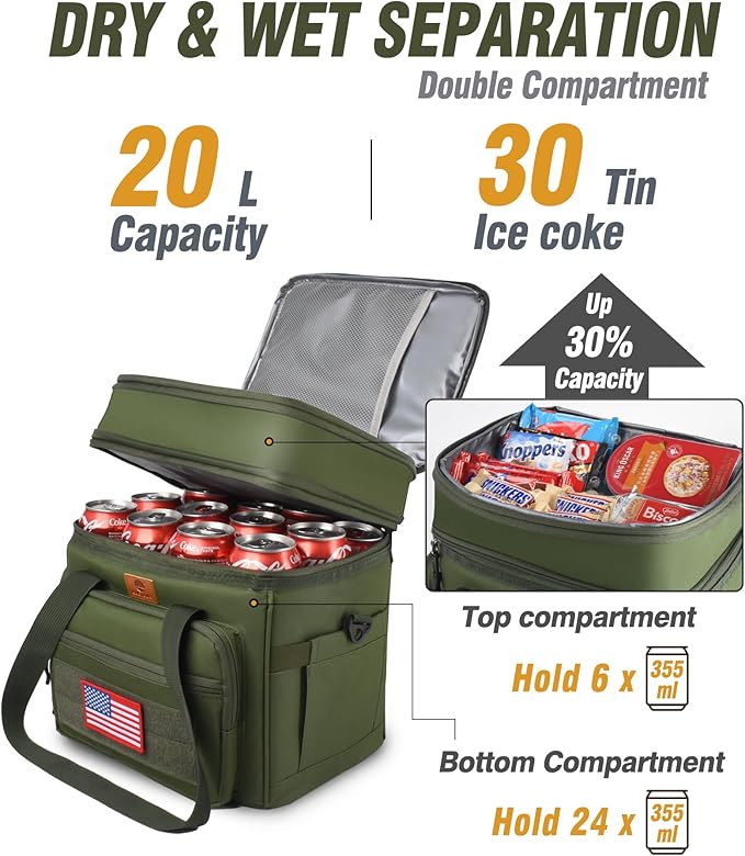 Tactical Lunch Box for Men, Expandable Heavy Duty Double Deck Tactical Lunch Bag with Shoulder Strap, Leakproof & Insulated Lunch Cooler Bag for Adult Work Fishing Picnic Travel,20L Dark Green