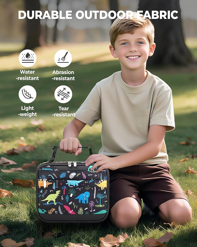 Tuwubi Kids Lunch Bag Insulated Lunch Box for Kids Small Lunch Bag for Boys/Girls Durable Lunchbox for School,Black Dinosaur 10-Can(5L)