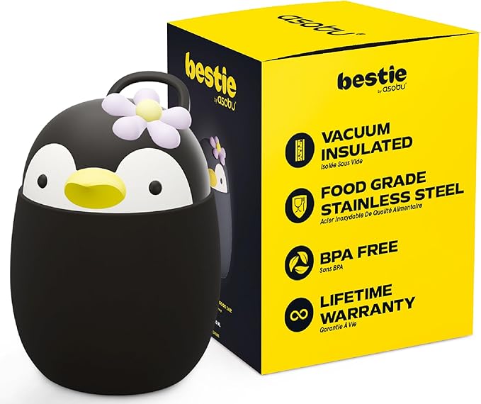 Bestie Foodie Kids Insulated Food Jar – Cute Character Lunch Container for Children, BPA-Free Stainless Steel, Leakproof & Vacuum Sealed, Keeps Food Hot or Cold, Easy to Clean, 16oz