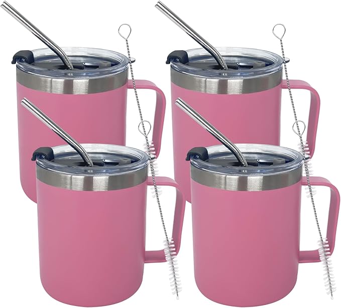 4pack 12oz Coffee Mug With Handle Bulk, Stainless Steel Insulated Travel Tumblers With,Double Wall Vacuum Camping Cup for Hot & Cold Drinks Tea (pink)