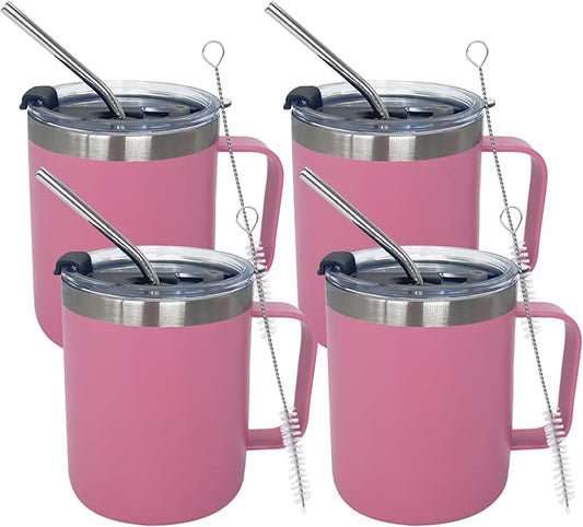 4pack 12oz Coffee Mug With Handle Bulk, Stainless Steel Insulated Travel Tumblers With,Double Wall Vacuum Camping Cup for Hot & Cold Drinks Tea (pink)