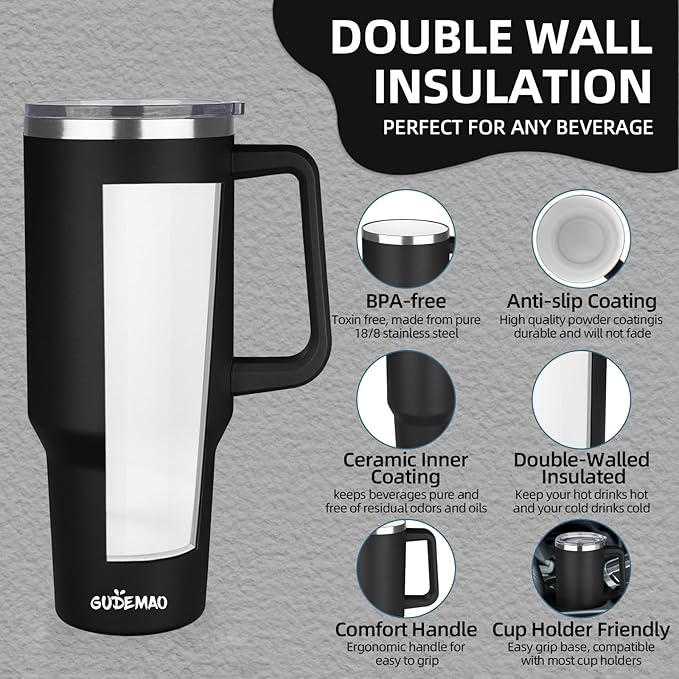 40 oz Insulated Coffee Mug with Ceramic Coating, Stainless Steel Travel Coffee Tumbler with Handle Lid and Straw, Double Wall Leak-Proof Coffee Travel Mug Keeps Drink Hot and Cold (Black)