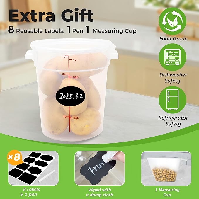 4 Pack Round Food Storage Containers with Lids, 4Qt Translucent Commercial Food Container, Polypropylene, BPA Free, Includes Labels & Measuring Cups
