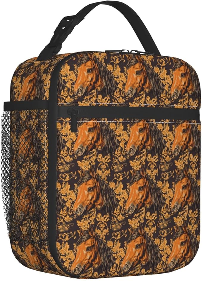 Vintage Horse Lunch Box for Adults,Men,Women,Brown Animal with Floral Background Insulated Lunchbox,Leakproof Tote Bag,Reusable Cooler Bags for Work,Picnic,Office,Travel,Stylish Lunchbag Gifts