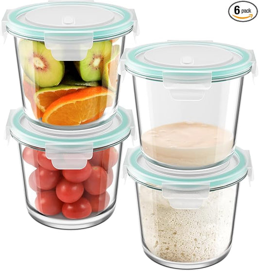 3 Cup Glass Meal Prep Containers With Turquoise Lids, Airtight 23oz glass Storage Container Set, Heat-Resistant BPA-Free for feeding the Southern Starter, Microwave, Dishwasher, Freezer Safe (6 Packs)