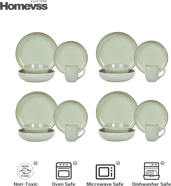 Eur-Nordic Shape Raising Rim 20pc Dinnerware Set, Shiny Glaze Green with Speckle Effect