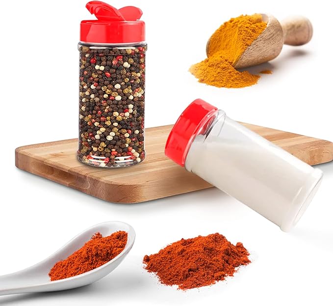RoyalHouse 6 Pack 16 Oz Plastic Spice Jars with Red Cap, Clear and Safe Plastic Bottle Containers with Shaker Lids for Storing Spice, Herbs and Seasoning Powders, BPA Free, Made in USA