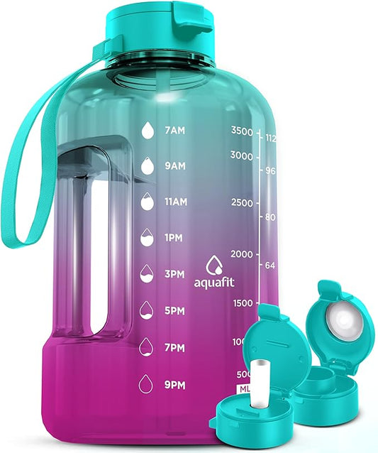 AQUAFIT 1 Gallon Water Bottle with Time Marker - Straw & Chug Lid - BPA Free Gym Water Bottle with Straw - Big Gallon Jug (Galaxy, 128 oz - 2 Lids)