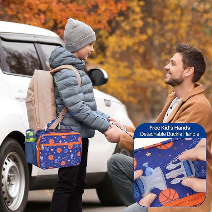 Bagseri Lunch Bag for Boys - Kids Lunch Bag Insulated Leak-Proof and Reusable Kids Lunch Box with Water Bottle Holder Toddler Lunchbox for Daycare and School, Blue Basketball