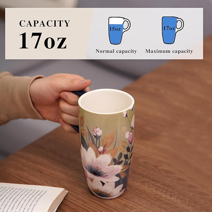 Topadorn Ceramic Mug Coffee Cups with Spill-Proof Lid Latte Mugs for Home and Office with Gift Box,White and Pink Flowers