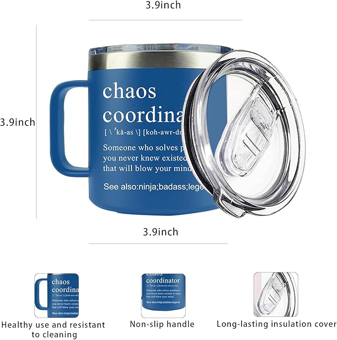 Chaos Coordinator Tumbler Cup, Christmas Gifts for Women,Unique Gift Idea for Employee,Boss Lady,Teacher,Office,Gifts for Mom,Coworker,Birthday,Thank You Gift for Women,14 oz Blue Mug