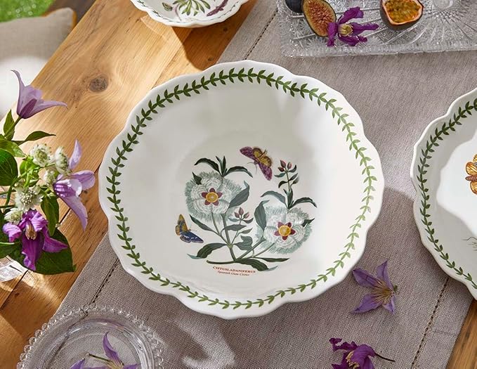 Portmeirion Botanic Garden Lotus Salad Bowl - Flower Shape, Scalloped Rim, Floral Spanish Gum Design with Butterflies - 10.5" Porcelain Dish, Laurel Leaf Border - Oven, Microwave, Dishwasher Safe