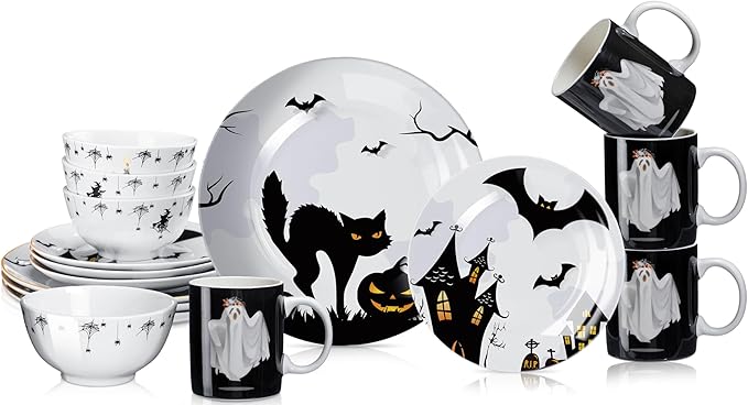 16 Pcs Halloween Dishes Dinnerware Set Serve 4 Guest Vintage Halloween Dinner Plates Ceramic Spooky Serving Dishes Haunted House Gifts Dessert Plate Bowl Mug for Holiday Kitchen Decoration