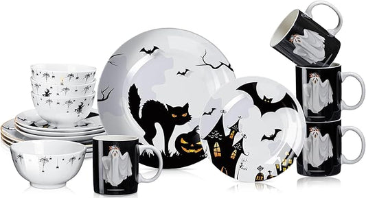 16 Pcs Halloween Dishes Dinnerware Set Serve 4 Guest Vintage Halloween Dinner Plates Ceramic Spooky Serving Dishes Haunted House Gifts Dessert Plate Bowl Mug for Holiday Kitchen Decoration