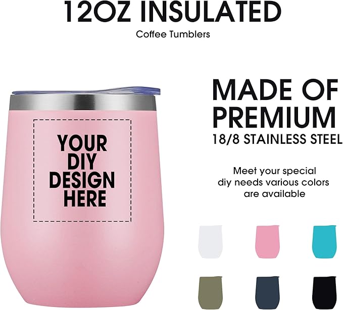 Personalized Custom Wine Tumbler Print in USA 12oz Stainless Steel Travel Coffee Cup with Lid & Straw Double Wall Insulated Mug with Colorful Text Logo Photo