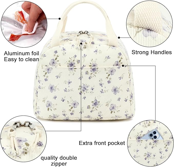 BTOOP Lunch Box for Women Men Cute Corduroy Lunch Bags Large Capacity Insulated Lunch Tote Bag For Work Travel Or Picnic (Grace Purple Flower)