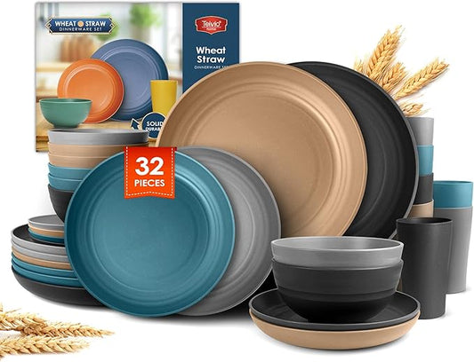 Teivio 32-Piece Kitchen Plastic Wheat Straw Dinnerware Set, Service for 8, Dinner Plates, Dessert Plate, Cereal Bowls, Cups, Unbreakable Colorful Plastic Outdoor Camping Dishes, Cerulean Hues