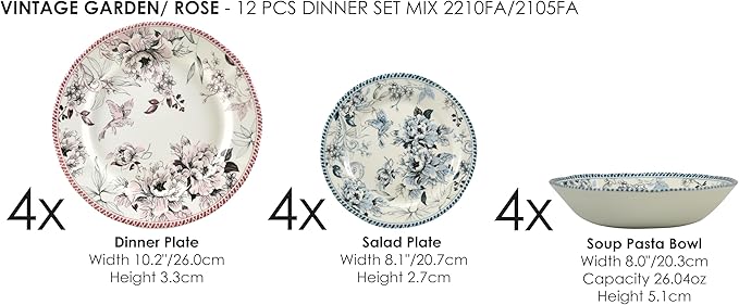 Tudor Royal 12-Piece Porcelain Round Dinnerware Set, Service for 4, Vintage Garden, Floral, Plates Bowls Dishes, Premium Quality Tableware, Unique Pattern, Glossy