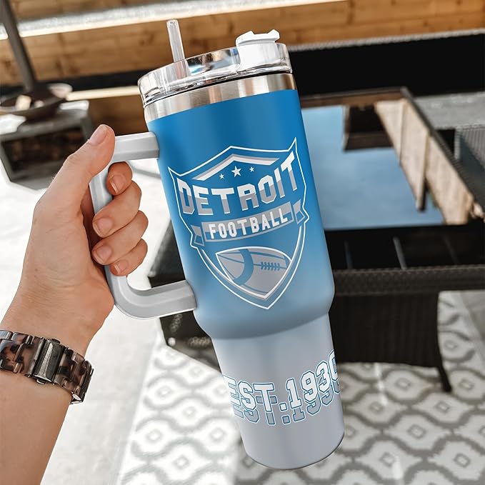 Personalized Football Tumbler with Handle & Straw, 40oz Stainless Steel Insulated Travel Mug, Name & Number Cup, Game Day Fan Gift (Detroit Colors)