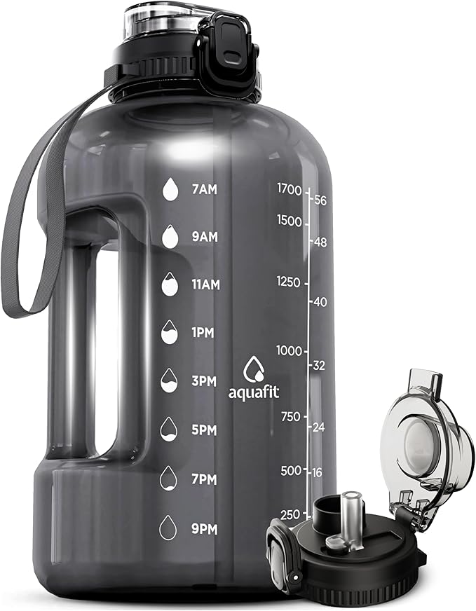 AQUAFIT Half Gallon Water Bottle with Time Marker - Straw & Chug Lid - BPA Free Gym Water Bottle with Straw - Big Gallon Jug (Gray, 64 oz - 2in1 Lid)