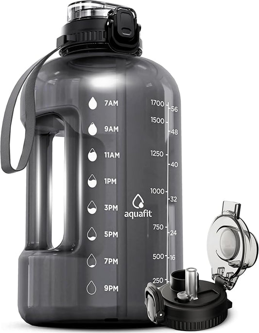 AQUAFIT Half Gallon Water Bottle with Time Marker - Straw & Chug Lid - BPA Free Gym Water Bottle with Straw - Big Gallon Jug (Gray, 64 oz - 2in1 Lid)