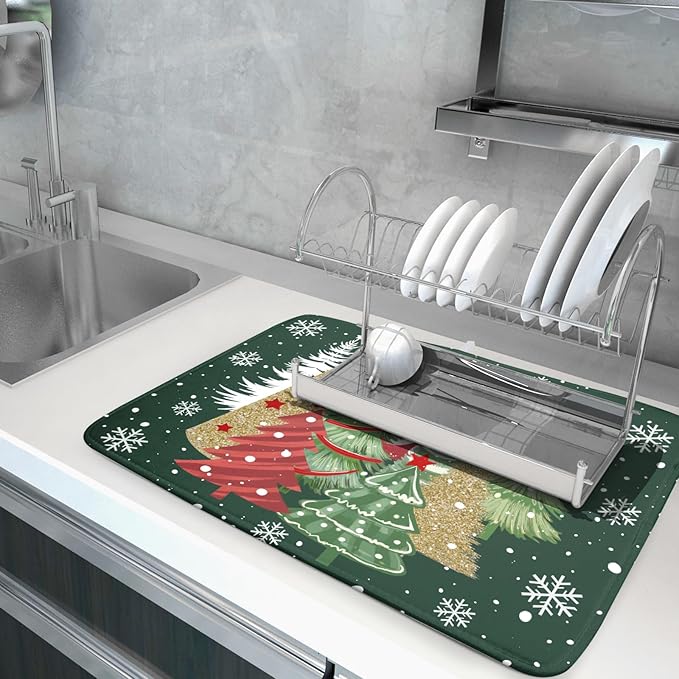 Christmas Dish Drying Mats 18x24, Farmhouse Gold Red Xmas Pine Trees Winter Holiday Washable Microfiber Absorbent Dishes Drainer Rack Pad for Coffee Machine Bar Sink Counter